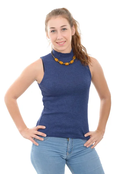 Lachende vrouw in blauw casual slimme kleding, geïsoleerd — Stockfoto