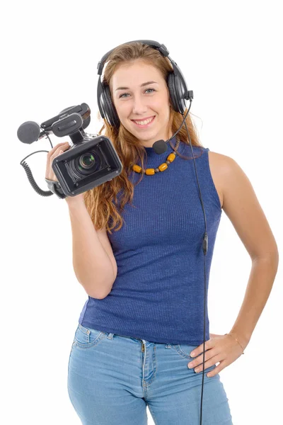 Junge Frau mit Videokamera, auf weißem Hintergrund — Stockfoto