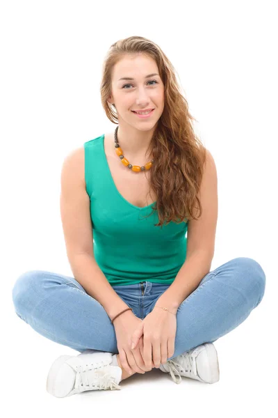 Sonriente mujer en verde casual inteligente ropa, sentado cruzado l — Foto de Stock