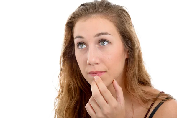 Young beautiful woman thinking looking to the side, on white — Stock Photo, Image