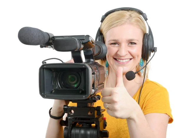 Woman with professional video camera,showing thumb up — Stock Photo, Image