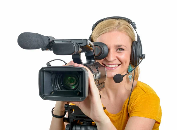 Joven rubia con videocámara profesional, en blanco — Foto de Stock