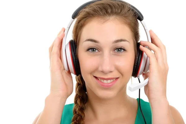 Close up portrait of pretty woman with headset — Stock Photo, Image