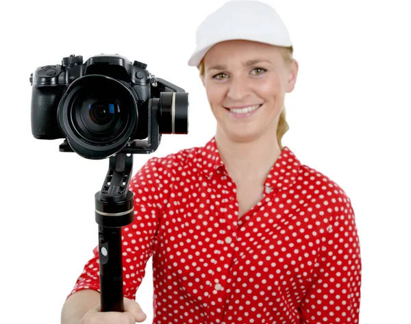 安定したカムを使用して女性のビデオ撮影, — ストック写真