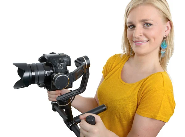 Woman videographer using steady cam, — Stock Photo, Image