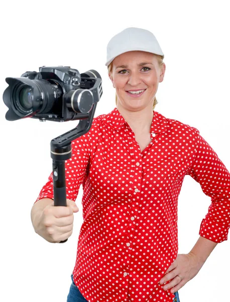 Frau videograph mit stetiger kamera, — Stockfoto