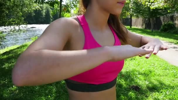 Cute young woman sporty girl workout outdoor, slow motion — Stock Video