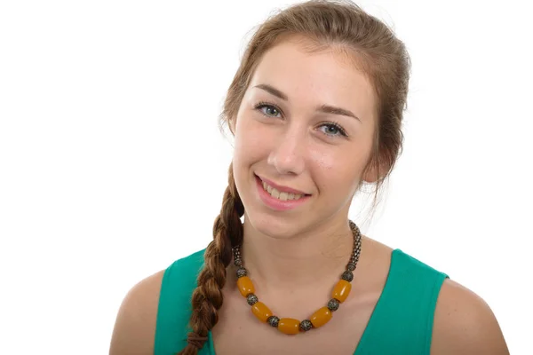 Mulher sorridente em verde casual roupas inteligentes, isolado — Fotografia de Stock