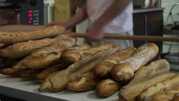 Französisches Brot aus dem Ofen geholt — Stockvideo