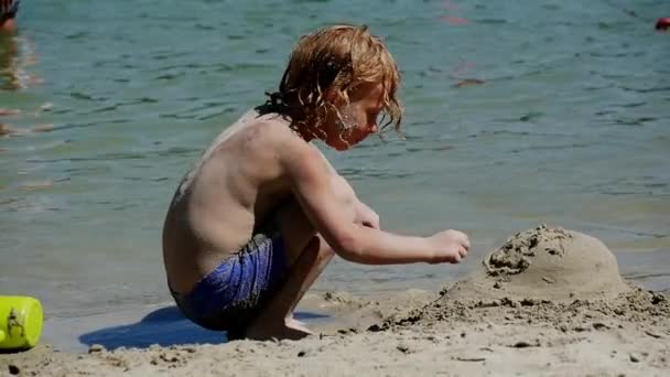 Little blond boy playing at the beach — Stock Video