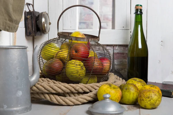 Organic fresh apples with bottle of Normandy cider — Stock Photo, Image