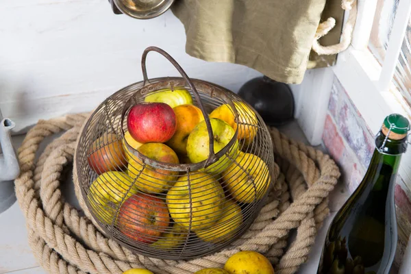 Organic fresh apples with bottle of Normandy cider — Stock Photo, Image