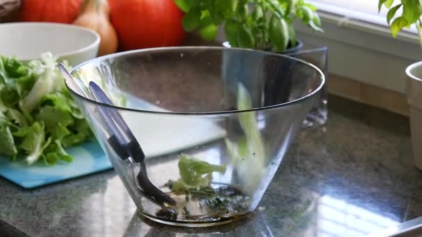 Ensalada de lechuga en un recipiente de vidrio, cámara lenta — Vídeos de Stock