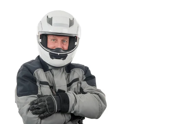 Senior rider with white helmet isolated on the white background — Stock Photo, Image