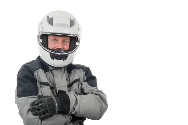 Senior rider with white helmet isolated on the white background Stock Picture