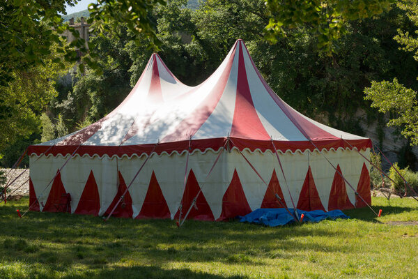 small red and white marquee for the circus