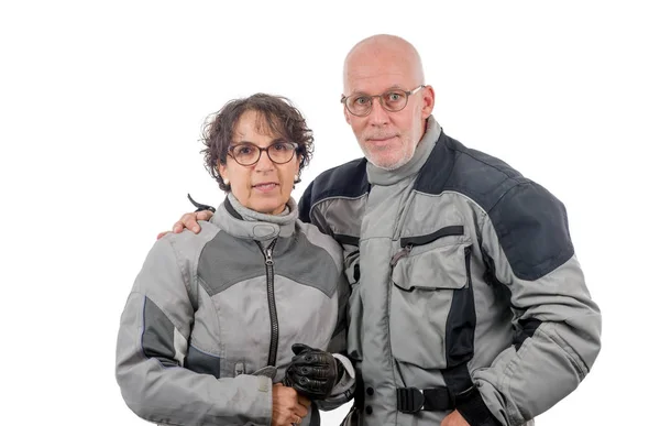 Couple senior riders  isolated on the white background — Stock Photo, Image