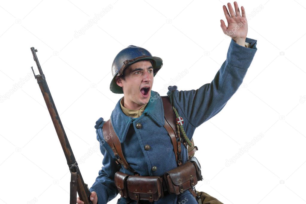 French soldier 1917 attack, November 11th 1918, on white