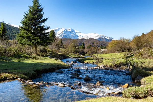 Fiume con Pic du Midi de Bigorre nei Pirenei francesi — Foto Stock