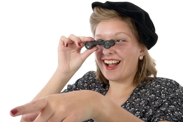 Hezká žena v stylu oblečení 1940 s dalekohledem — Stock fotografie