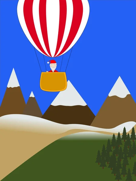 Jultomten på luftballong på bergen bakgrund. — Stockfoto
