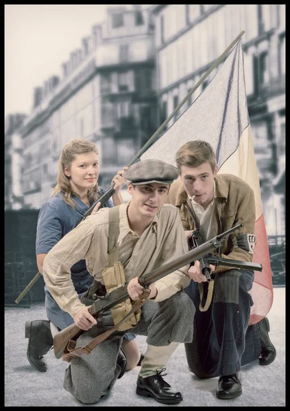 Tres resistencias francesas con rifles — Foto de Stock