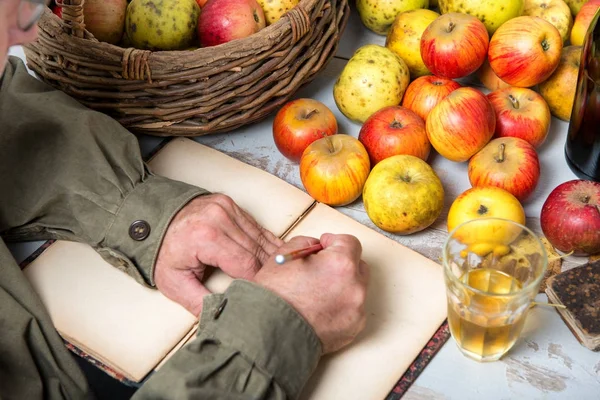Oude notebook met mand met appels en flessen van cider — Stockfoto