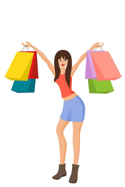 Jovem mulher feliz com sacos de compras, em branco — Fotografia de Stock