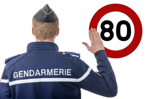 Tempolimit auf 80 km / h, französischer Polizist am Straßenrand — Stockfoto