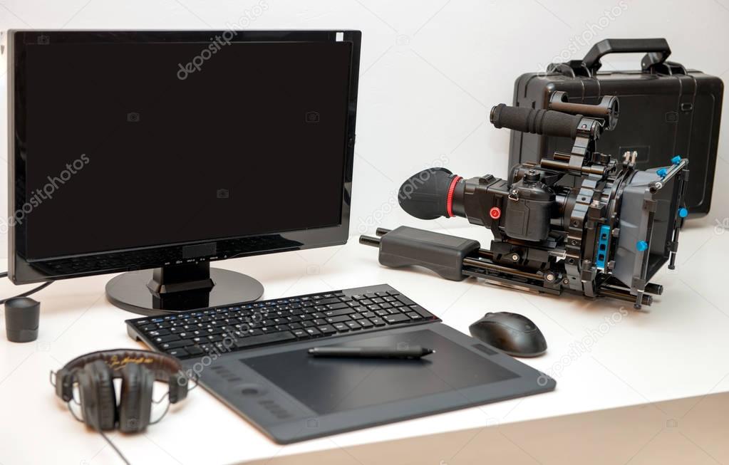 camera, computer and tablet for video editing