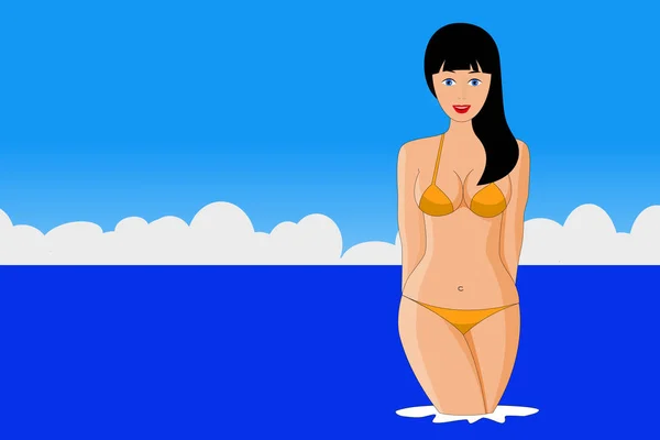 Mooie jonge vrouw in een bikini in het water op het strand — Stockfoto