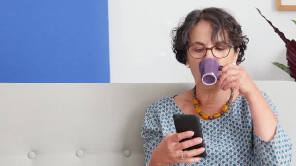 Een Senior Vrouw Met Behulp Van Een Smartphone Glimlachen — Stockvideo