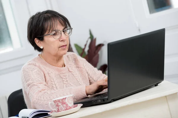 Gyönyörű középkorú nő használ a laptop otthon — Stock Fotó