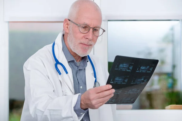 Volwassen arts kijken naar een röntgenfoto in kantoor — Stockfoto