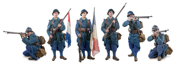Различные взгляды французского солдата 1914 1918 изолированы на белой ба
