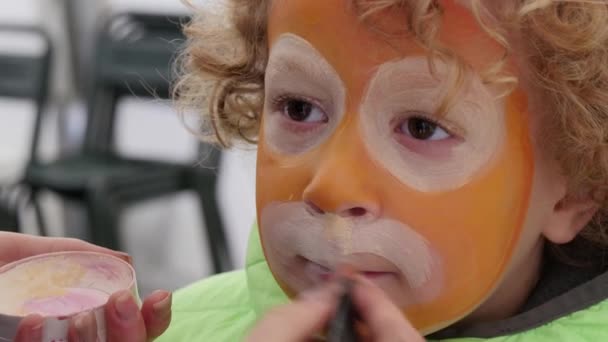 Маленький Мальчик Делает Лицо Тигре — стоковое видео