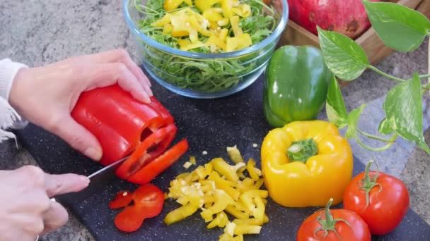Frau Schneidet Eine Rote Paprika Für Das Mittagessen Nahaufnahme — Stockvideo