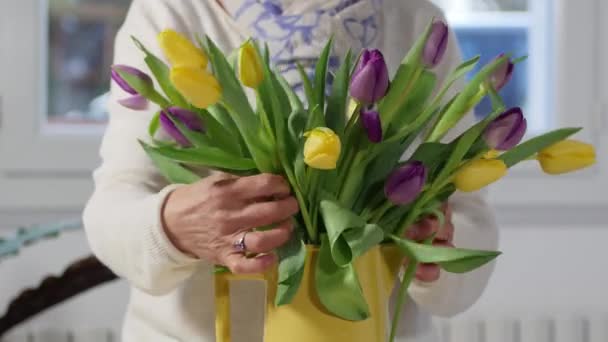 Frau Arrangiert Frühlingsstrauß Aus Tulpen Vase — Stockvideo