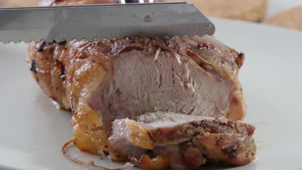 Cutting Roast Pork Electric Knife — Stock Video