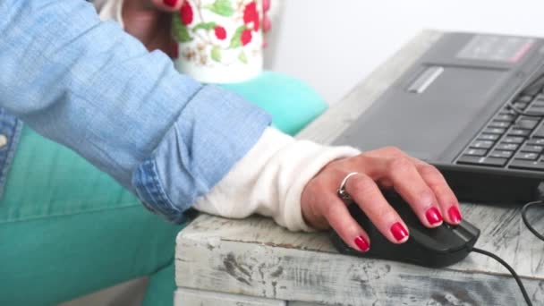 ノート パソコンにマウスを使用して女性の手のクローズ アップ — ストック動画