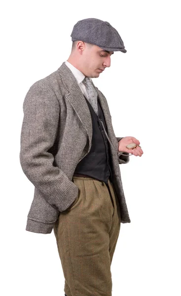 Young man in vintage clothes, looking watch, 1940 — Stock Photo, Image