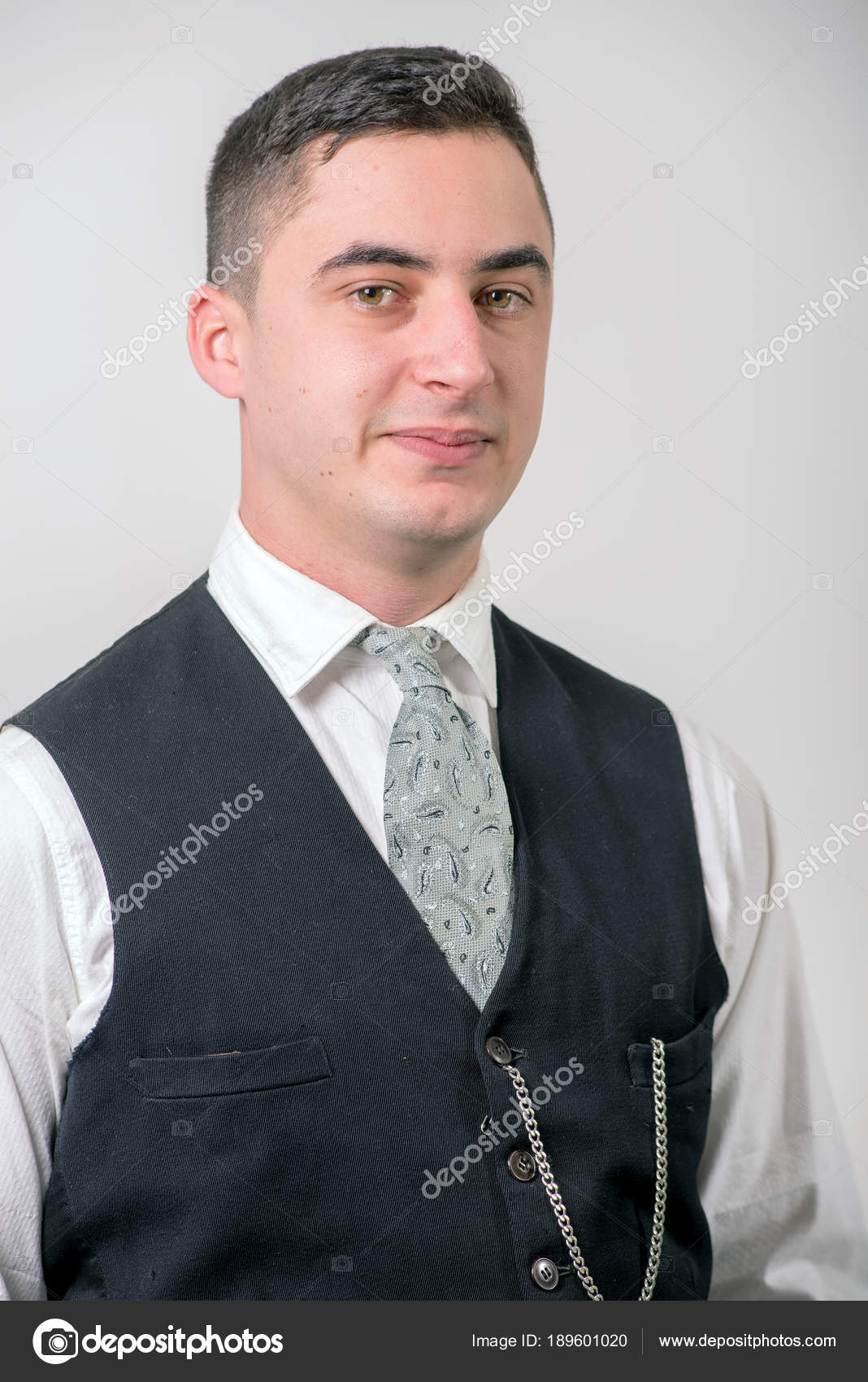 Young Man Vintage Clothes Hat 1930 Style White Stock Photo