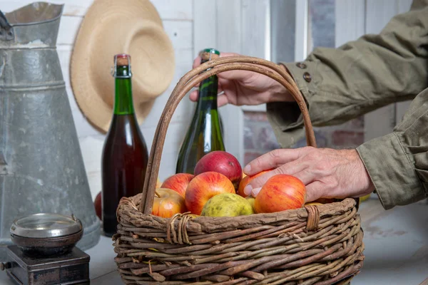 Hombre con botella de sidra y cesta de manzanas, primer plano — Foto de Stock