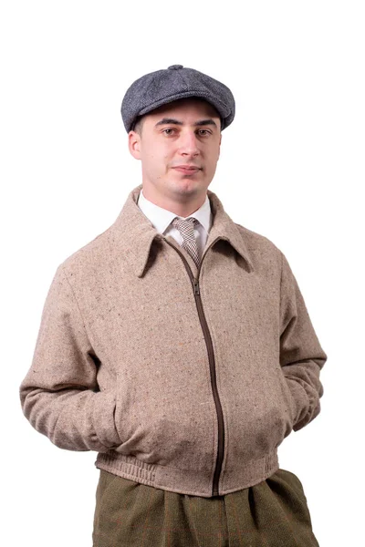 Een Jonge Man Vintage Kleding Met Hoed 1930 Stijl Wit — Stockfoto