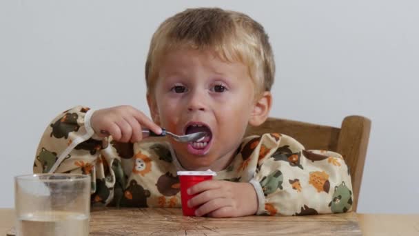 Yaşında Bir Çocuk Yoğurt Yiyor — Stok video