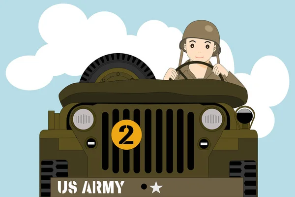Voják řídí vojenské džíp vozidlo — Stockový vektor