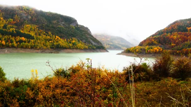 Mal Tiempo Otoño Follaje Colorido Con Lago — Vídeo de stock