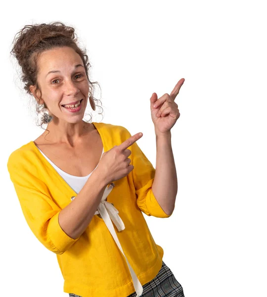 Kobieta pokazuje palec na miejscu kopiowania produktu lub tekstu, izolowane — Zdjęcie stockowe