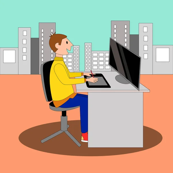 Young business person working on computer with graphic tablet — Stock Vector