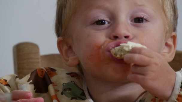 Adorable Niño Dos Años Comiendo Pan Queso — Vídeos de Stock